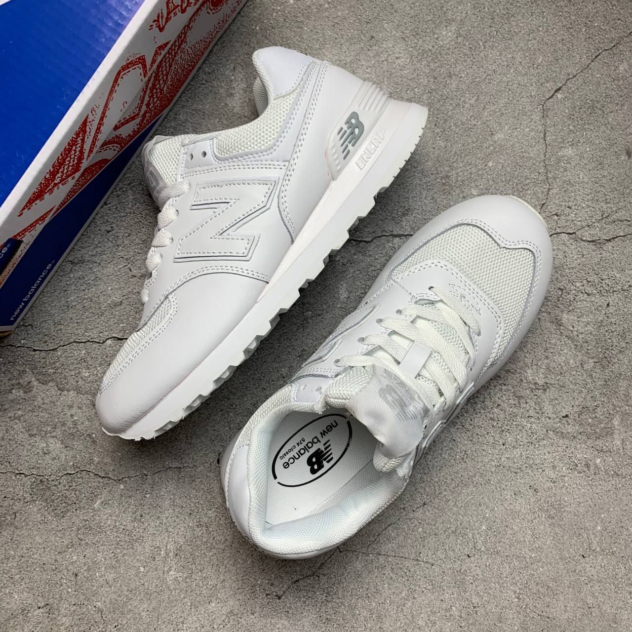 All white leather new balance 574 best sale